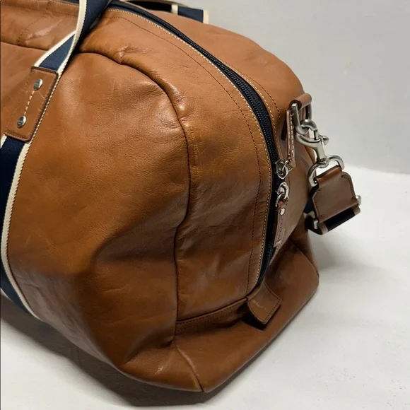 Coach Boston Bag Heritage Duffle Striped Travel 2 Way Shoulder Strap Navy Brown - Picture 7 of 16